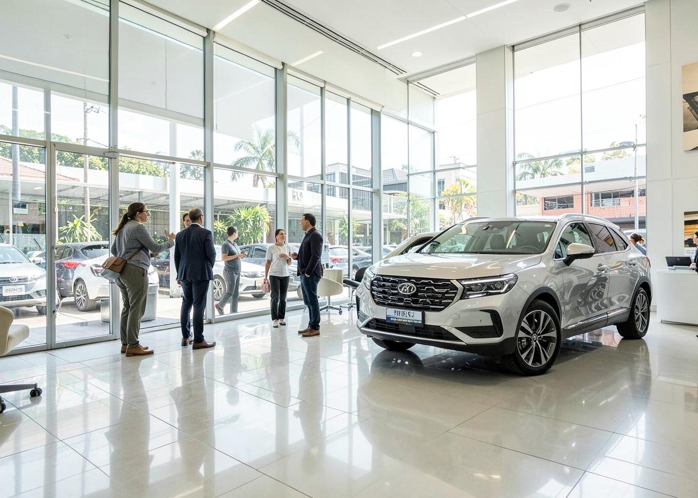 Bright dealership showroom with a consultant assisting customers beside a premium SUV
